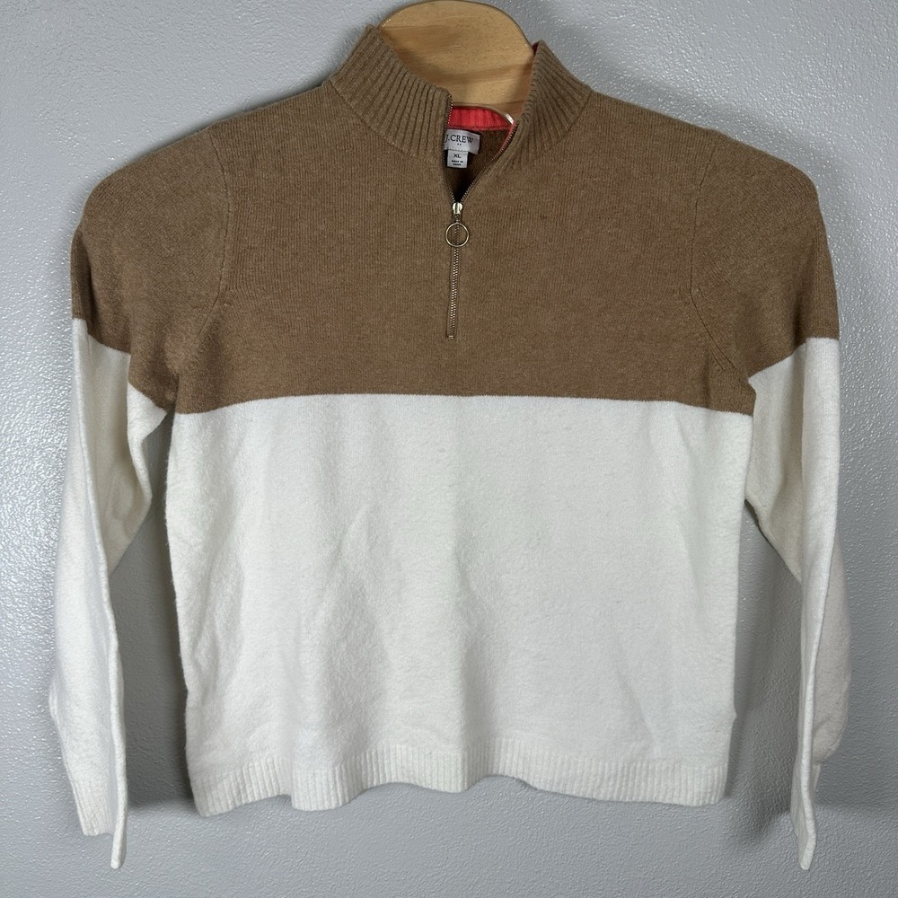 J Crew Wool-Blend Colorblock 1/4 Zip-Up Sweater Extra Soft Yarn Womens XL‎ Cream